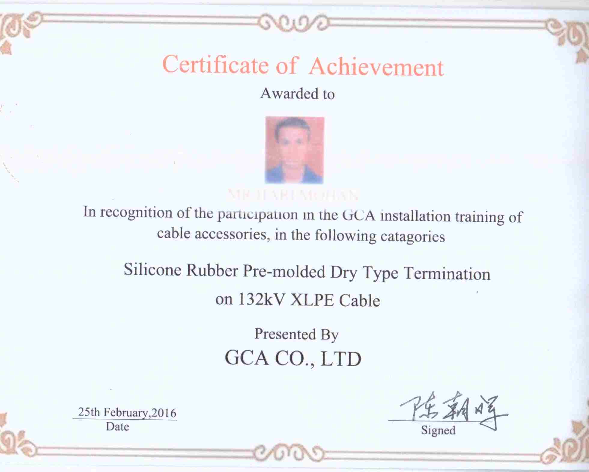 2016 Certificate of Issue of Training Competence for 132kV Prefabricated Termination Installation in Zambia