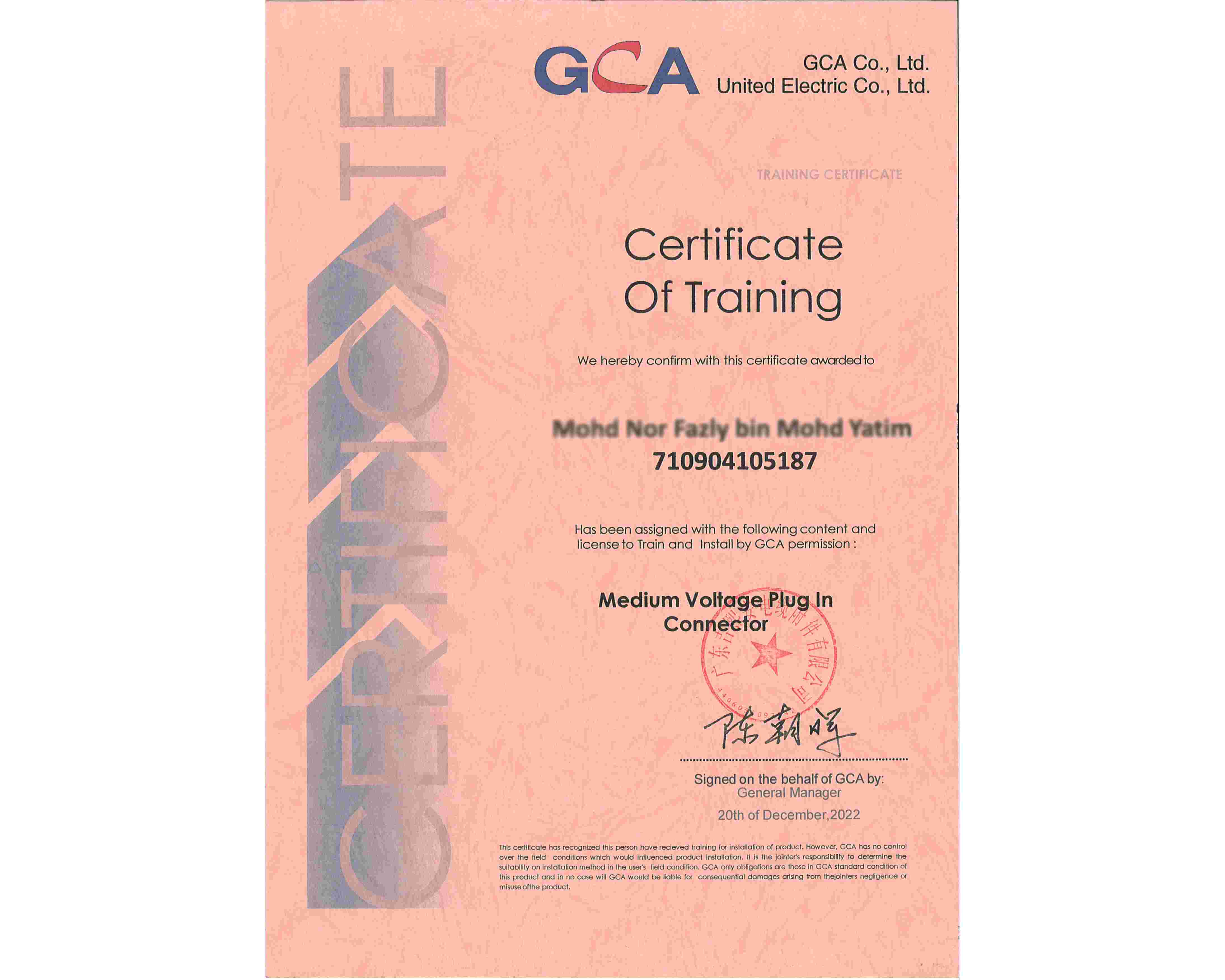 2022 Certificate of Issue of Training Competence for Medium Voltage Plug-ln Connector in Malaysia